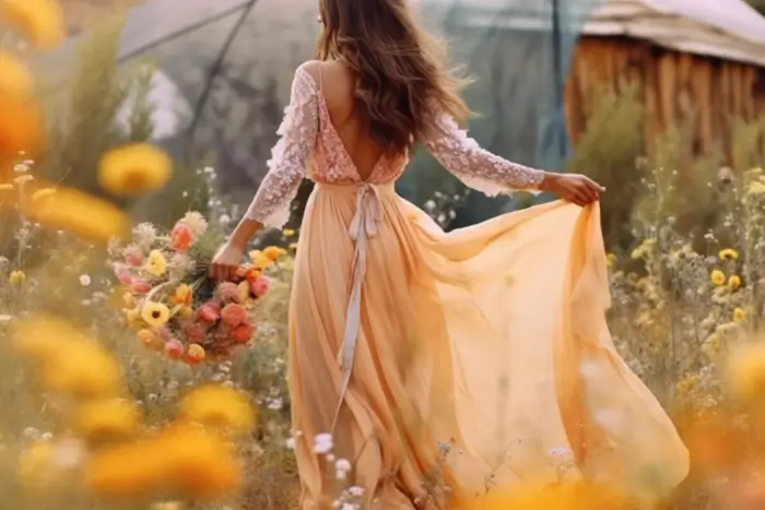 A woman in a yellow dress walks through a field of flowers