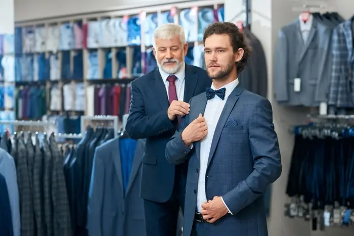 Two elegant men choosing costumes in store