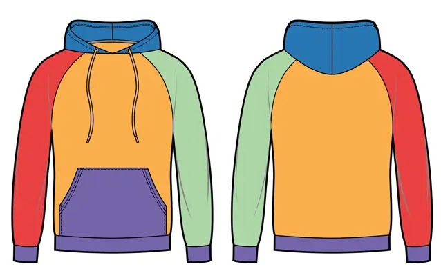 Colorblock men's hoodie in front back views kangaroo pocket on front