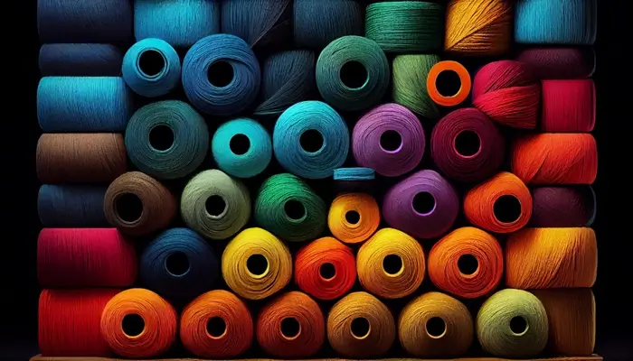 Spools of multi colored thread on textile material generated