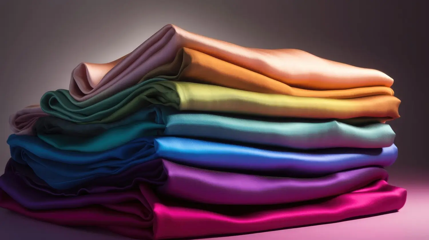 A stack of silk satin fabric with a rainbow color