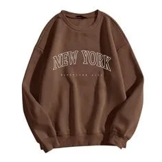 Brown oversized sweater with 'New York' graphic print, showcasing casual sweater styles for everyday fashion.