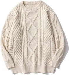 Cream cable knit sweater with a crew neck and diamond pattern, showcasing classic sweater styles for cozy fashion.