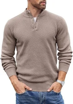 Model wearing a taupe textured sweater with a Henley-style neckline and button details, showcasing smart-casual sweater styles for modern fashion.