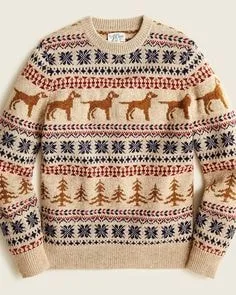 Cream Fair Isle sweater with a dog and tree pattern in brown, red, and navy, showcasing festive sweater styles for winter fashion.