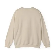 Back view of a beige crew neck sweater, highlighting its simple design with a round neckline, long sleeves, and ribbed cuffs and hem.