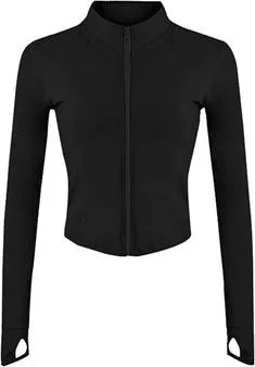 Person in a fitted black zip-up sweater with a high collar and thumb holes, highlighting sporty types of sweaters for active styles.