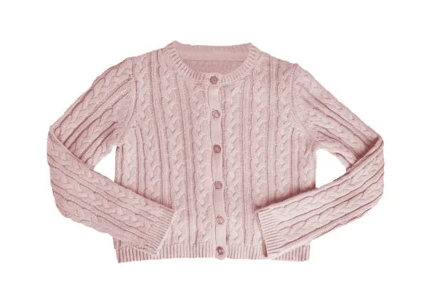 Pink cable-knit cardigan with button-down front displayed flat on a white background.