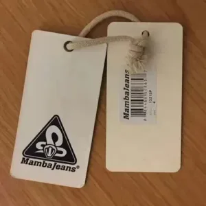 Front and back view of Mambajeans product tags with logo and barcode made by a clothing manufacturer.